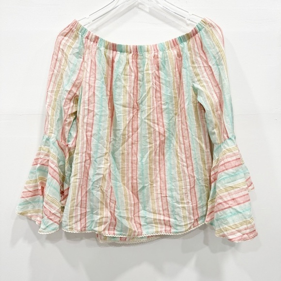 Solitaire Pastel Color Stripe Bell Sleeve Off The Shoulder Top Size Large - Picture 2 of 7